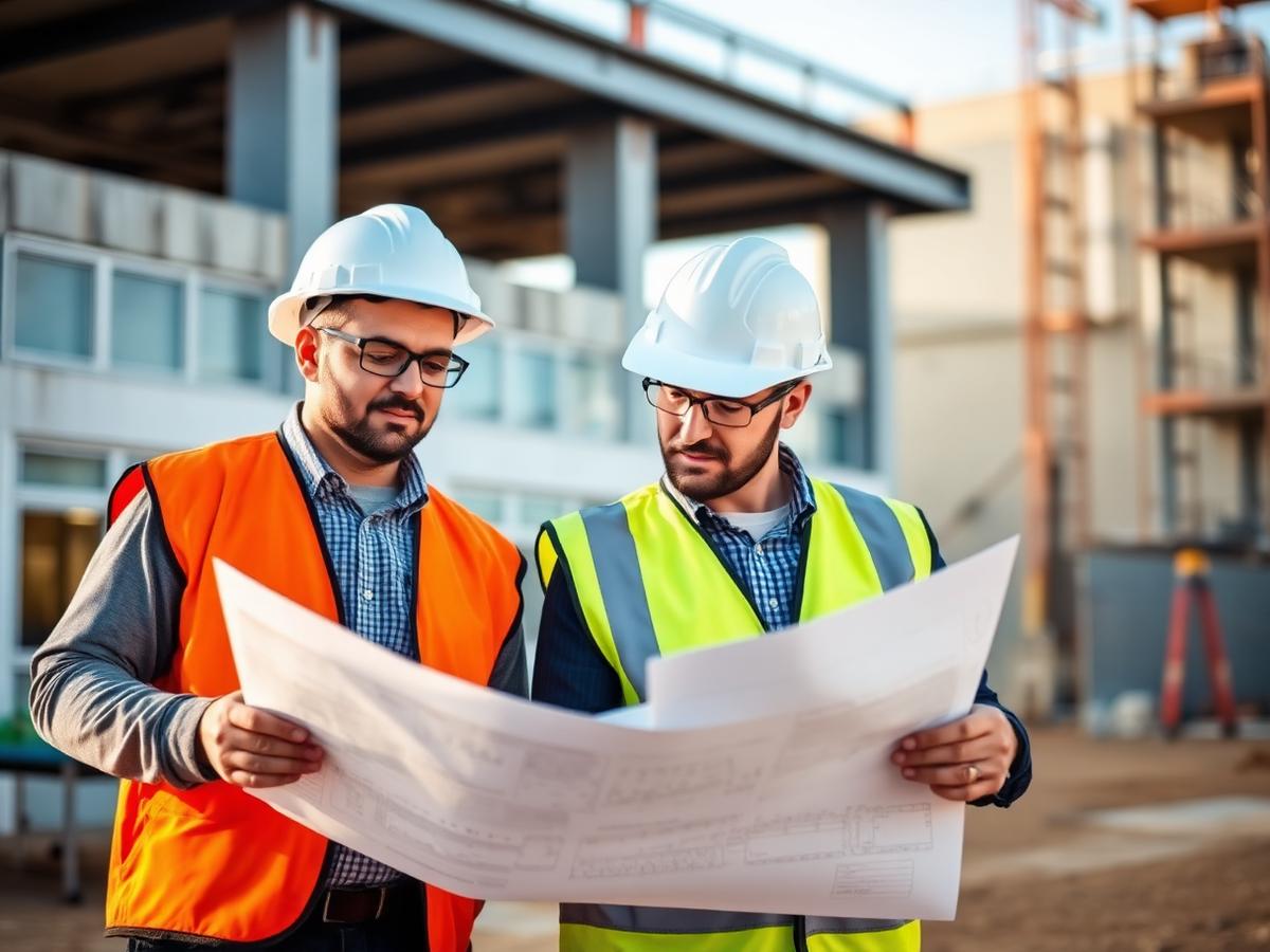 Professionnels de la construction discutant des plans sur un chantier