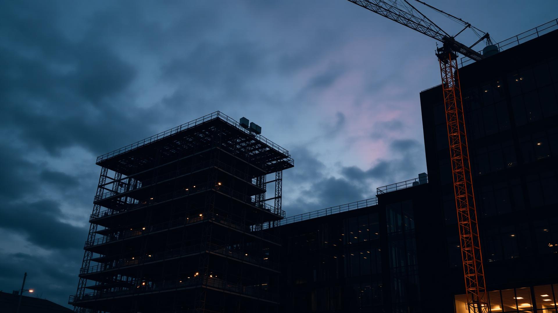 Chantier de construction d'un bâtiment commercial au crépuscule